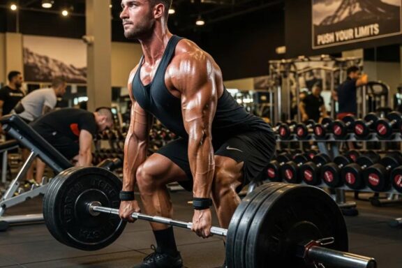 Mesomorph athlete lifting weights in a gym, representing muscle building and fitness