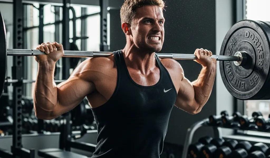 Mesomorph athlete lifting weights in a gym, showcasing strength and fitness