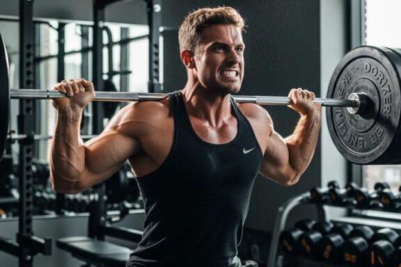 Mesomorph athlete lifting weights in a gym, showcasing strength and fitness