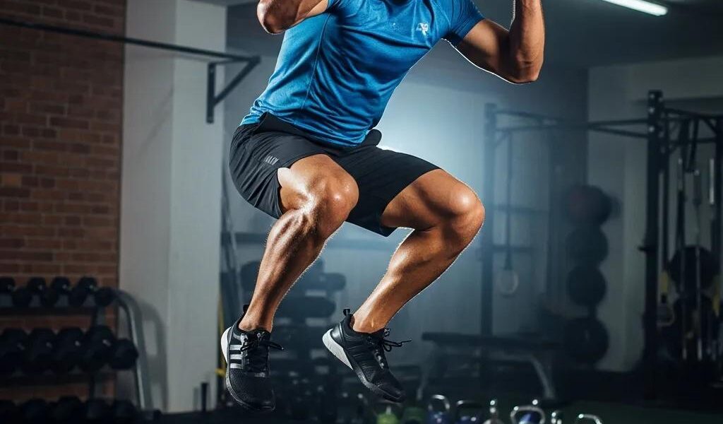 Mesomorph athlete performing explosive plyometric jumps in a gym, highlighting strength and agility