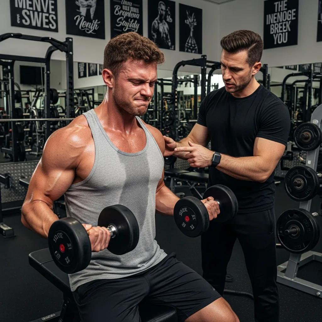 Mesomorpher Athlet führt Volumentraining mit Gewichten unter Anleitung durch