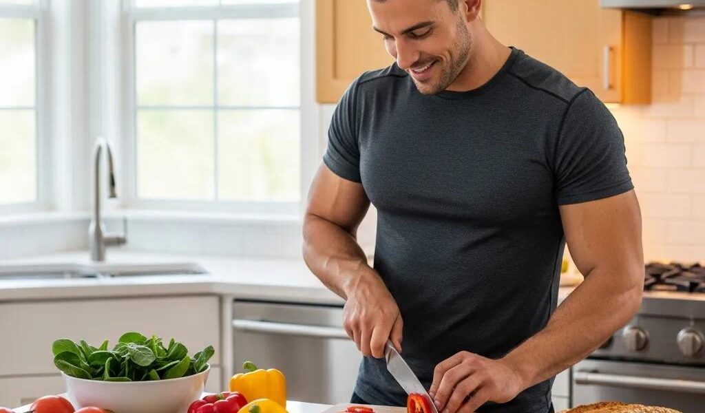 Mesomorph athlete preparing a nutritious meal with fruits and vegetables