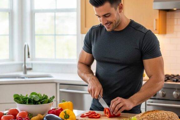 Mesomorph athlete preparing a nutritious meal with fruits and vegetables