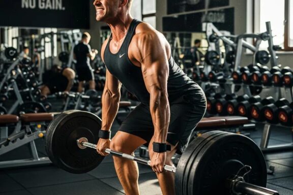 Mesomorph athlete strength training in a gym, showcasing optimal regeneration strategies