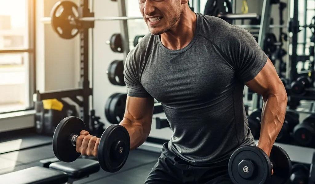 Mesomorph individual engaged in strength training, highlighting muscle building and athleticism