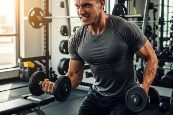 Mesomorph individual engaged in strength training, highlighting muscle building and athleticism