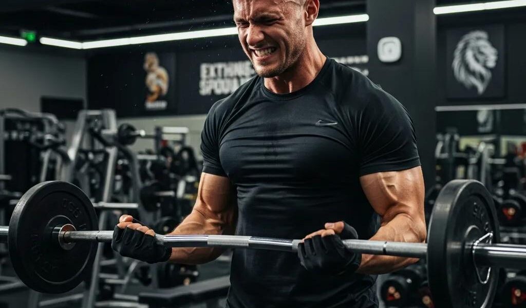 Mesomorph individual lifting weights in a gym, emphasizing muscle growth and strength training