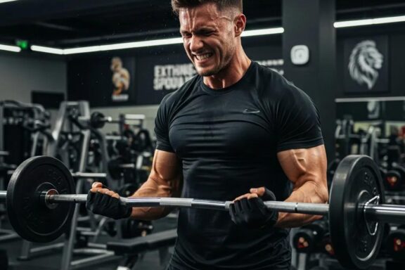 Mesomorph individual lifting weights in a gym, emphasizing muscle growth and strength training