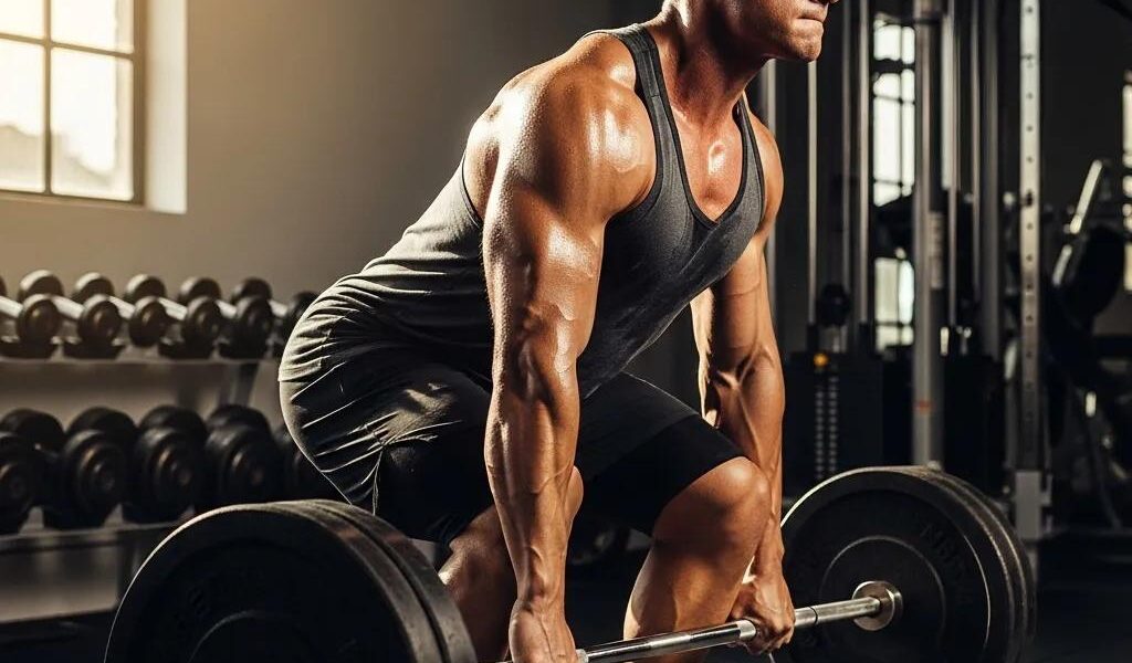 Mesomorph individual lifting weights in a gym, showcasing strength and fitness
