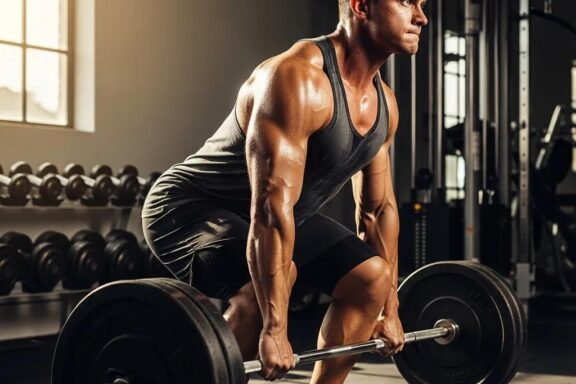 Mesomorph individual lifting weights in a gym, showcasing strength and fitness