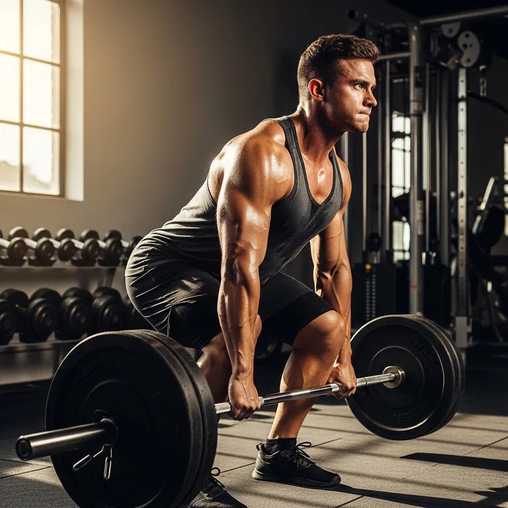 Mesomorph individual lifting weights in a gym, showcasing strength and fitness