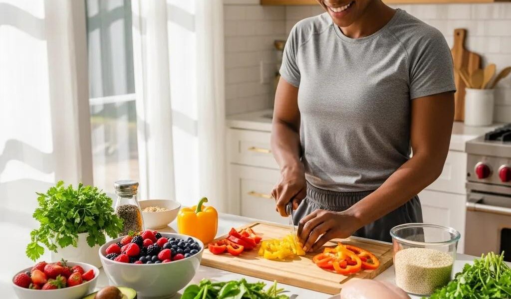 Mesomorph individual preparing a healthy meal with colorful fruits and vegetables