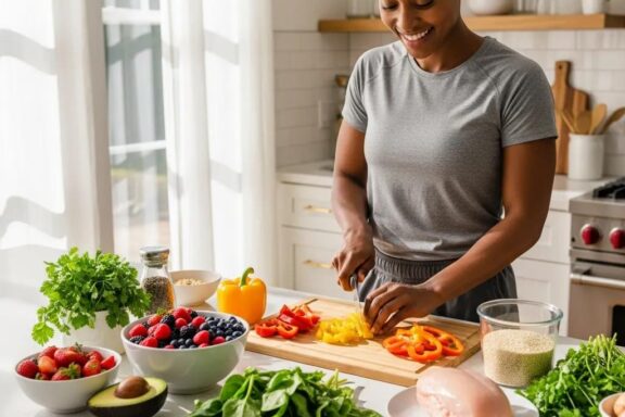 Mesomorph individual preparing a healthy meal with colorful fruits and vegetables