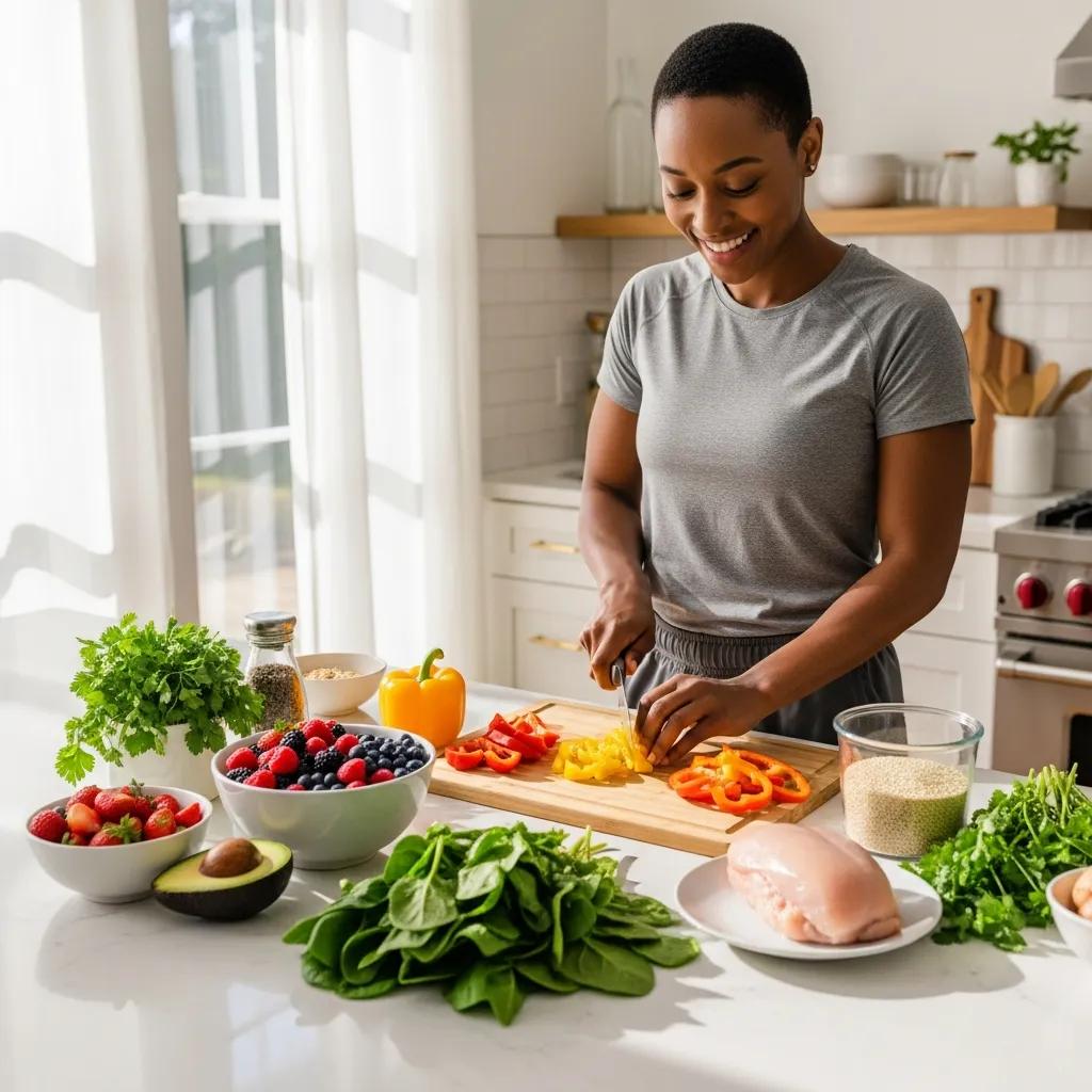 Mesomorph individual preparing a healthy meal with colorful fruits and vegetables