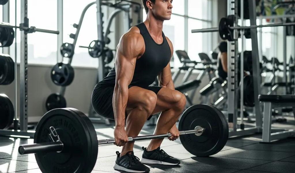 Mesomorph individual strength training in a gym, highlighting athletic physique and proper form