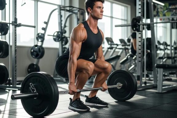 Mesomorph individual strength training in a gym, highlighting athletic physique and proper form