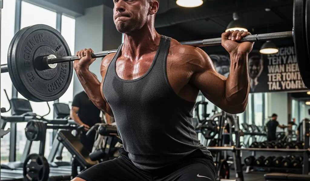 Mesomorph individual training in a gym, emphasizing strength and motivation