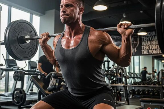 Mesomorph individual training in a gym, emphasizing strength and motivation