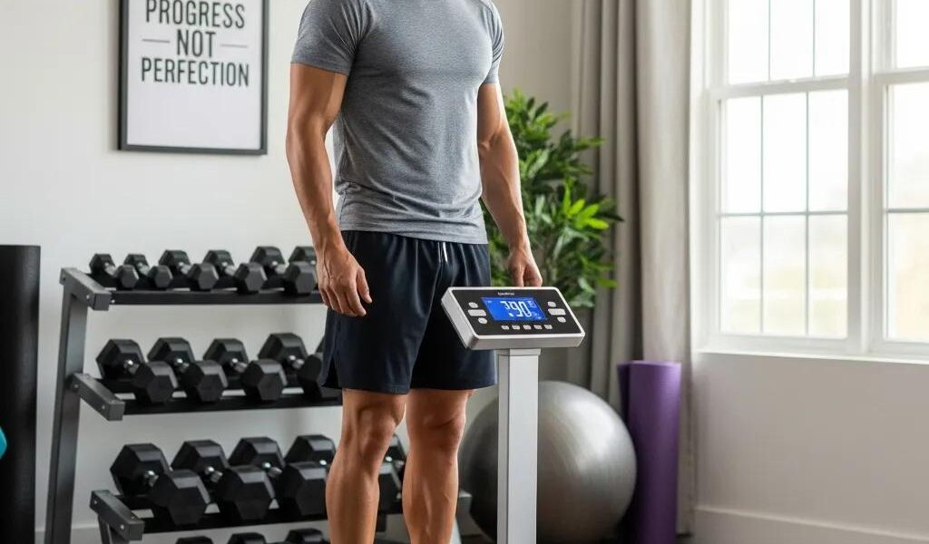 Mesomorph individual using a body composition scale in a bright home gym