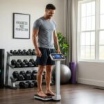 Mesomorph individual using a body composition scale in a bright home gym