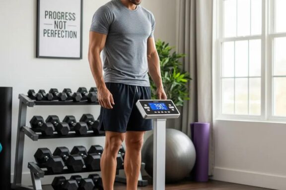 Mesomorph individual using a body composition scale in a bright home gym