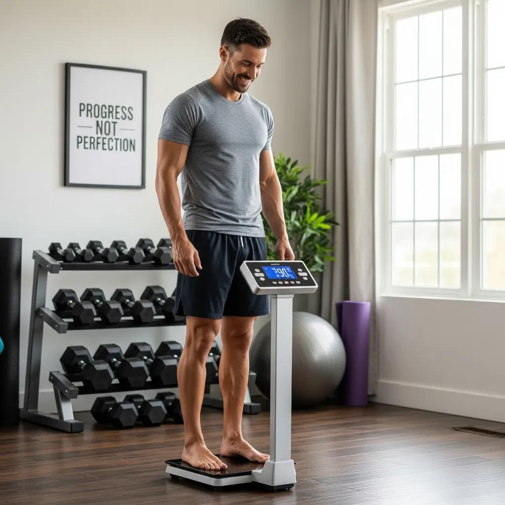 Mesomorph individual using a body composition scale in a bright home gym