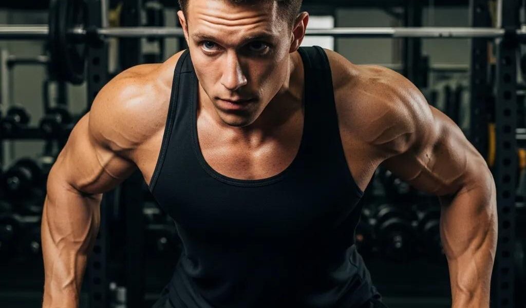 Mesomorphic athlete training in a gym, highlighting mental strength and motivation in sports psychology