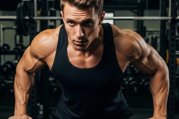 Mesomorphic athlete training in a gym, highlighting mental strength and motivation in sports psychology