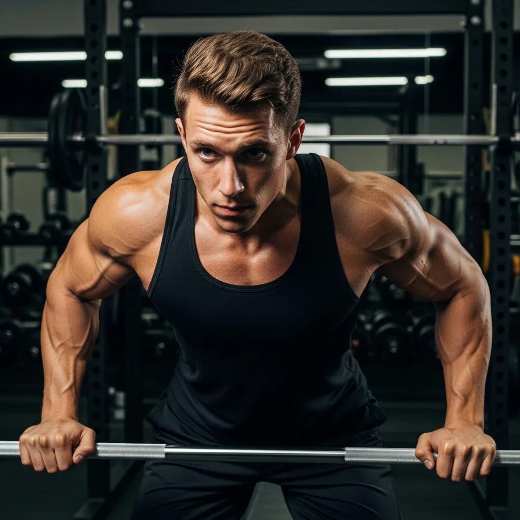 Mesomorphic athlete training in a gym, highlighting mental strength and motivation in sports psychology