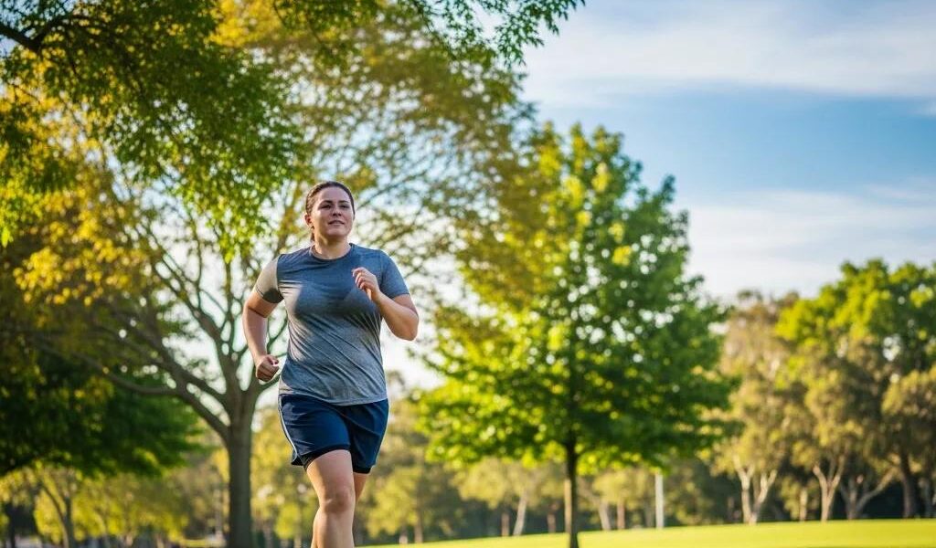 Motivated endomorphic person jogging in a park, symbolizing mental strength and fitness journey
