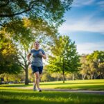 Motivated endomorphic person jogging in a park, symbolizing mental strength and fitness journey