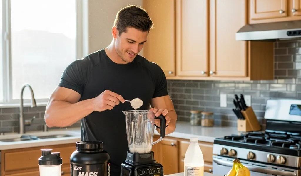 Muscular individual preparing a mass gainer shake with protein powder and oats in a bright kitchen