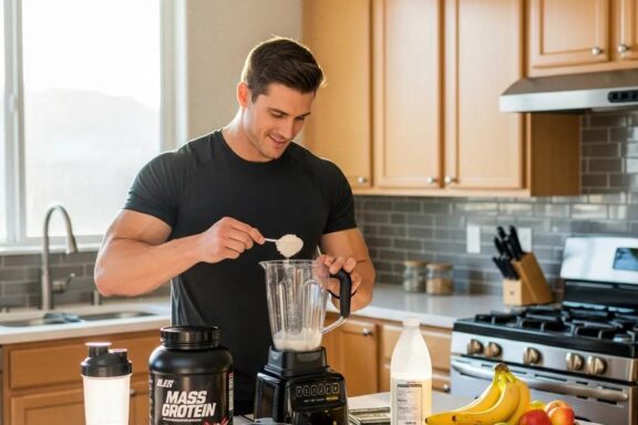 Muscularer Mann bereitet in heller Küche einen Mass Gainer Shake mit Proteinpulver und Haferflocken vor, um den Muskelaufbau für Ektomorphe zu unterstützen.
