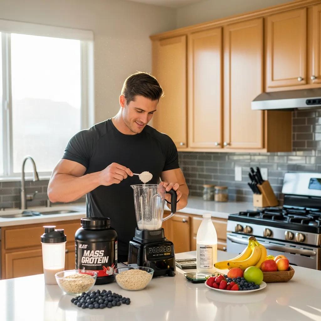 Muscular individual preparing a mass gainer shake with protein powder and oats in a bright kitchen