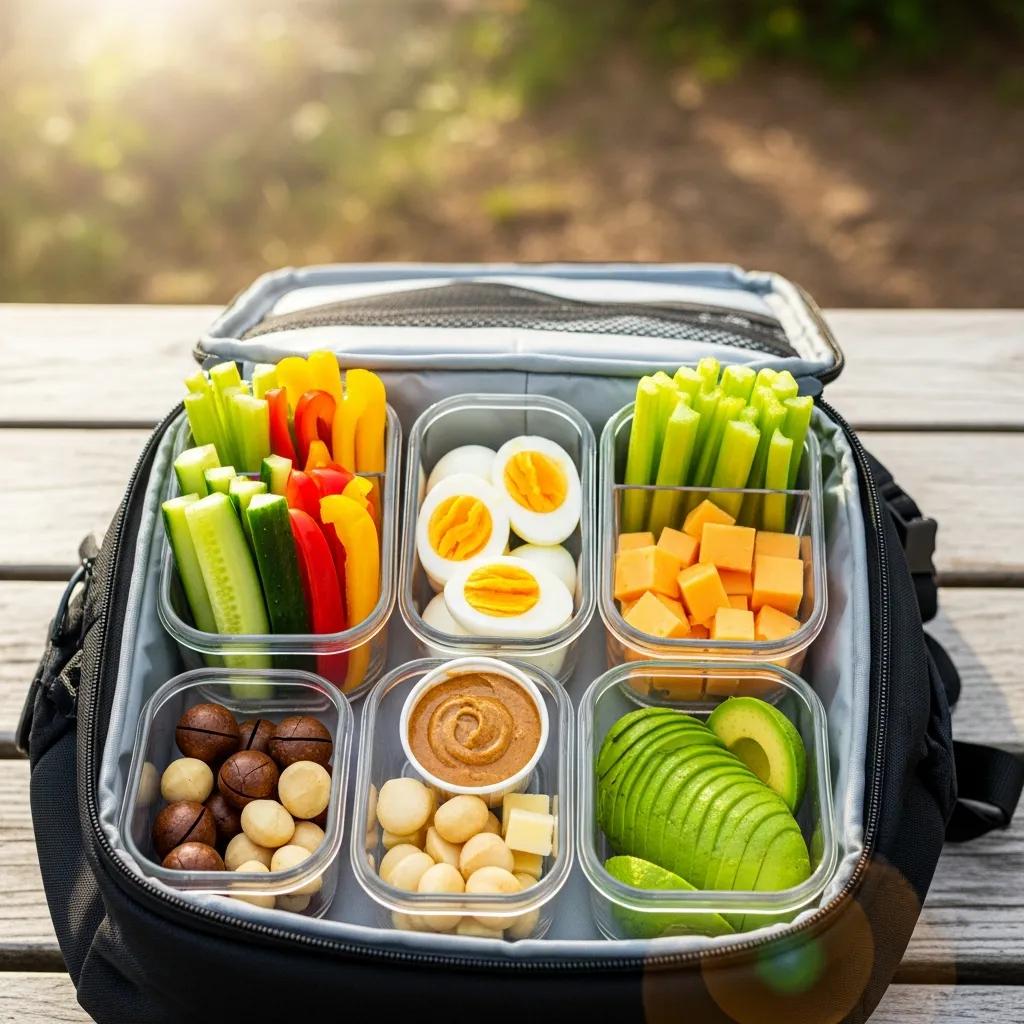 Praktisch verpackte Keto‑Snacks in kleinen Behältern – ideal zum Mitnehmen