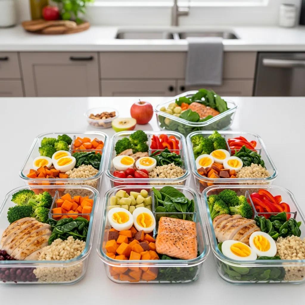 Organisierte Meal-Prep-Boxen mit gesunden Mahlzeiten für Endomorphe