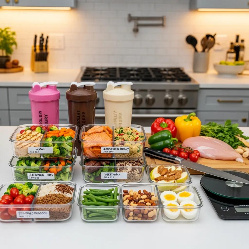 Meal-Prep mit nahrhaften Gerichten, Proteinshakes und gesunden Snacks für Hardgainer