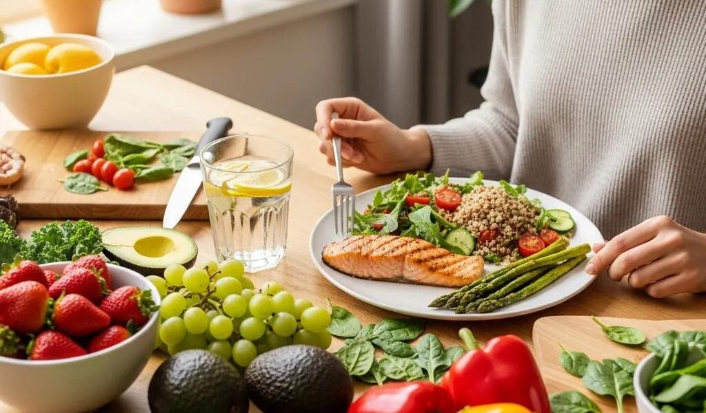 Person enjoying a healthy meal with fresh fruits and vegetables, symbolizing control over cravings
