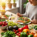 Person enjoying a healthy meal with fresh fruits and vegetables, symbolizing control over cravings