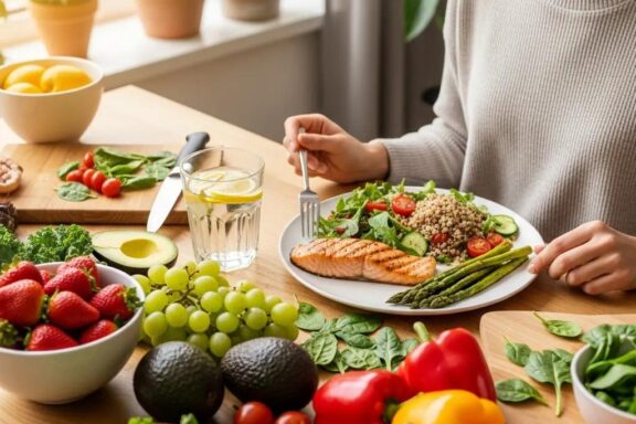 Person enjoying a healthy meal with fresh fruits and vegetables, symbolizing control over cravings