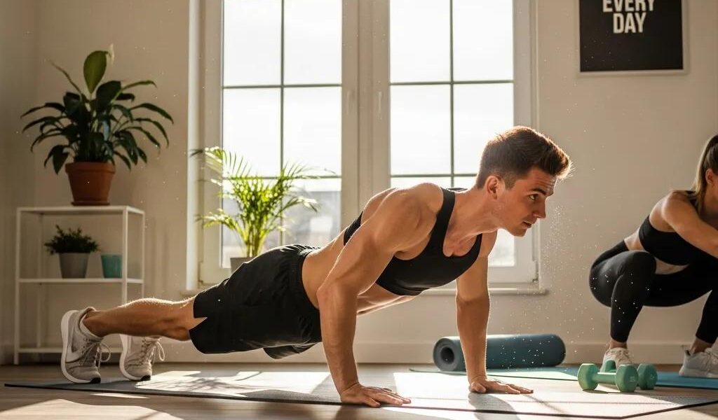 Person exercising at home with bodyweight exercises, emphasizing muscle building for ectomorphs