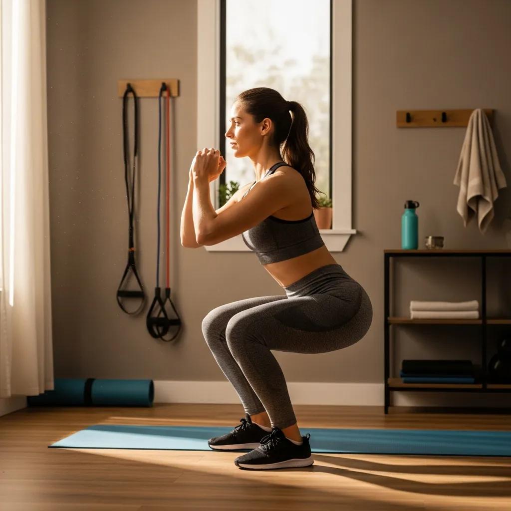 Person macht eine Kniebeuge zuhause – Beispielübung für Ektomorphen