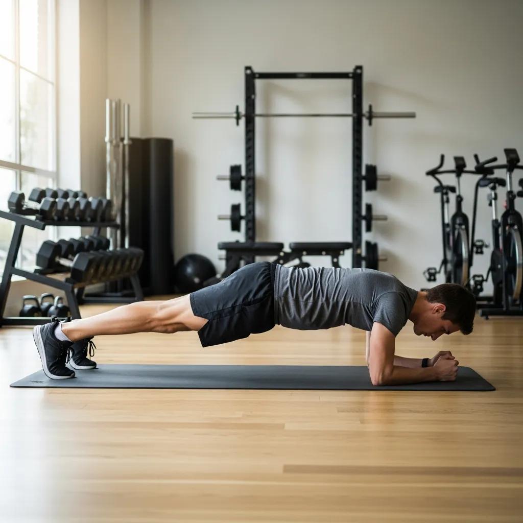 Person performing a plank exercise on a gym mat, demonstrating proper form and core engagement