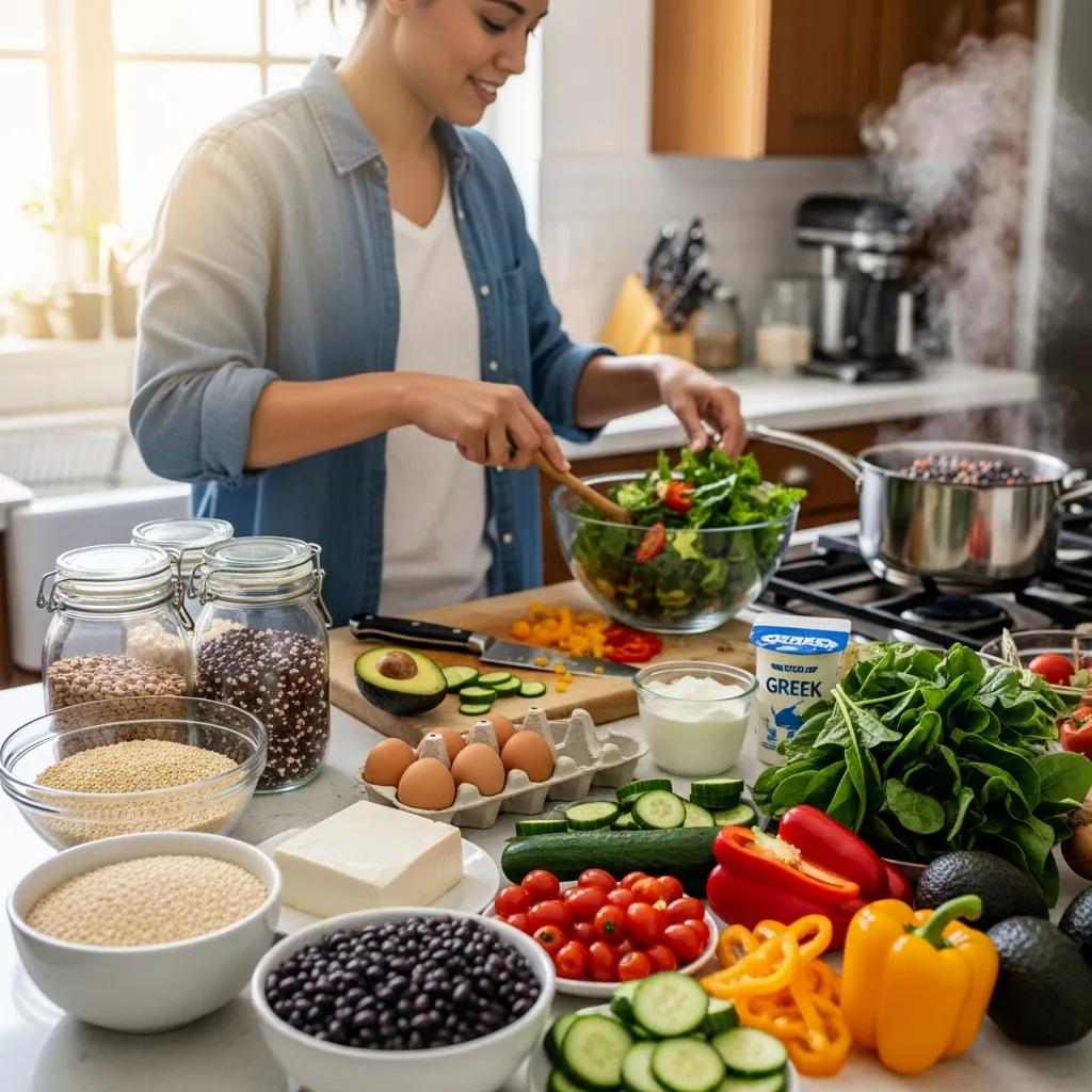 Person bereitet eine proteinreiche vegetarische Mahlzeit zu – Kombination aus Tofu, Gemüse und Vollkorn