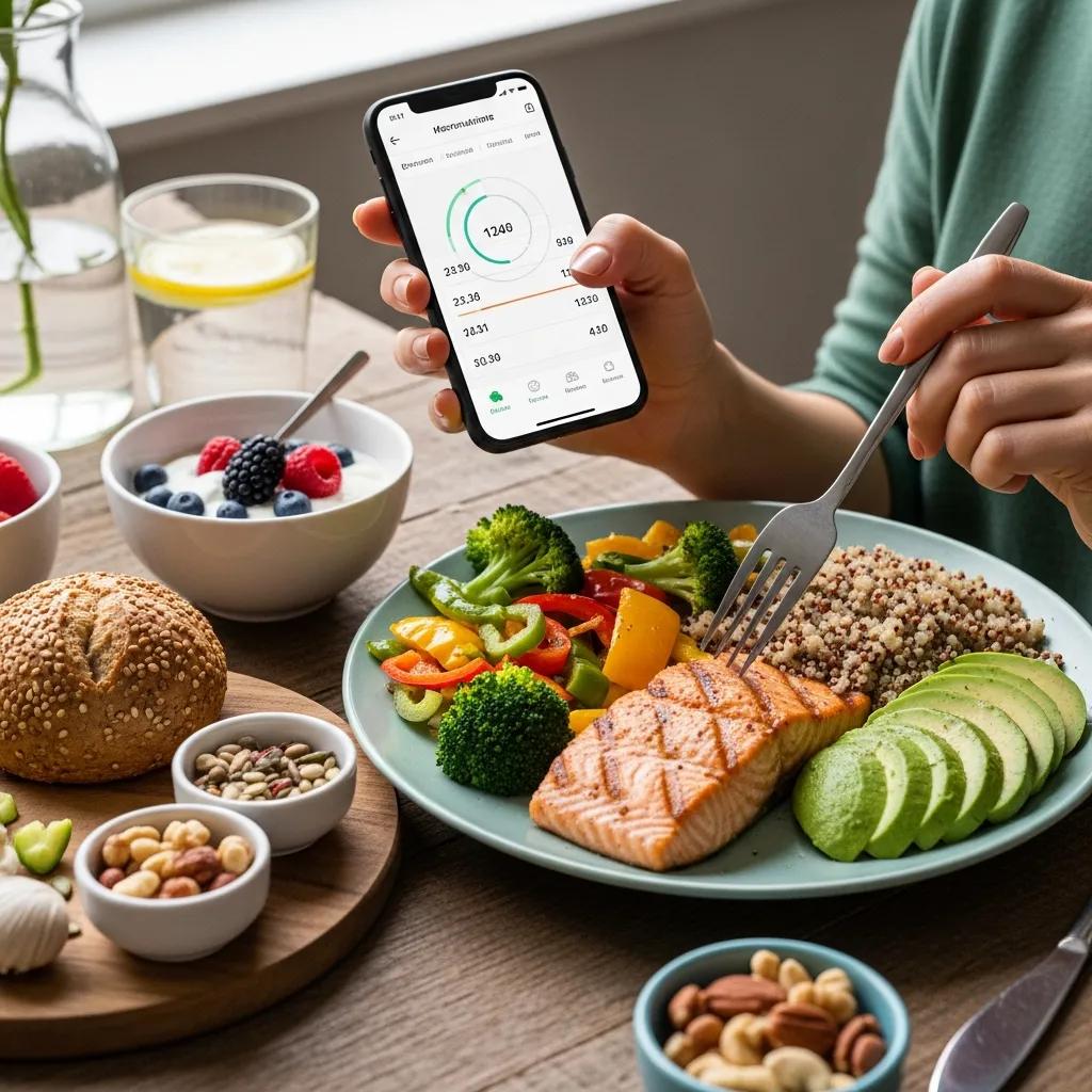 Person verfolgt Makronährstoffe per App neben einer ausgewogenen Mahlzeit