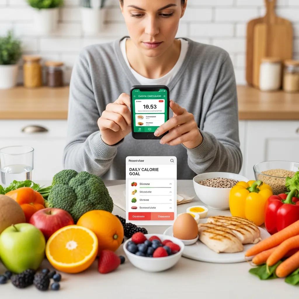 Person berechnet Kalorienbedarf am Rechner, daneben gesunde Lebensmittel als Erinnerung an die Bedeutung der Kalorienbilanz