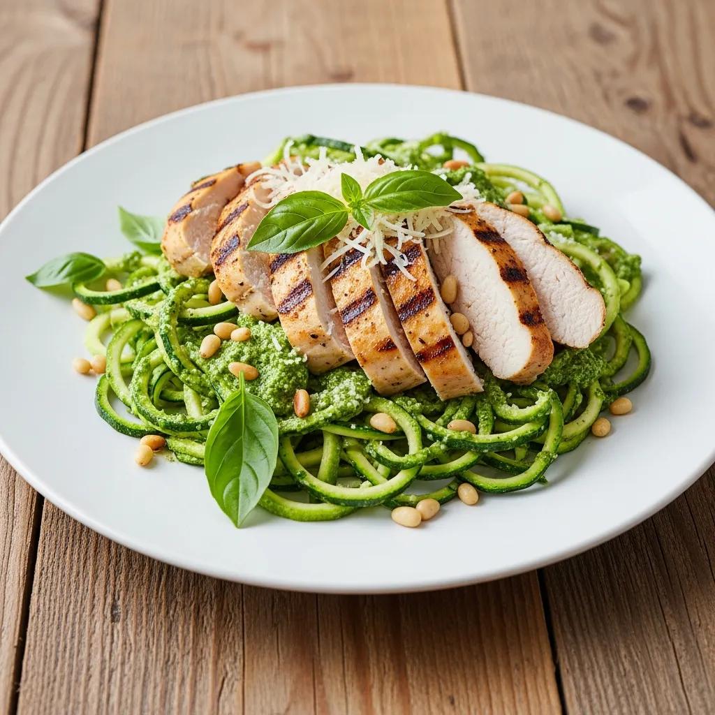Zucchini‑Nudeln mit Pesto und gegrilltem Hähnchen auf einem rustikalen Tisch – ein gesundes Low‑Carb‑Gericht
