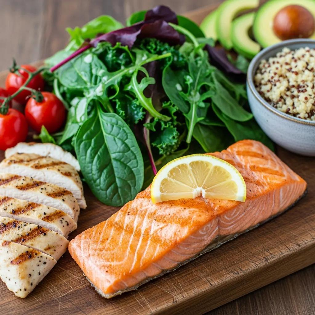 Auswahl idealer Lebensmittel für Endomorphe: mageres Fleisch, Blattgemüse und Vollkorn