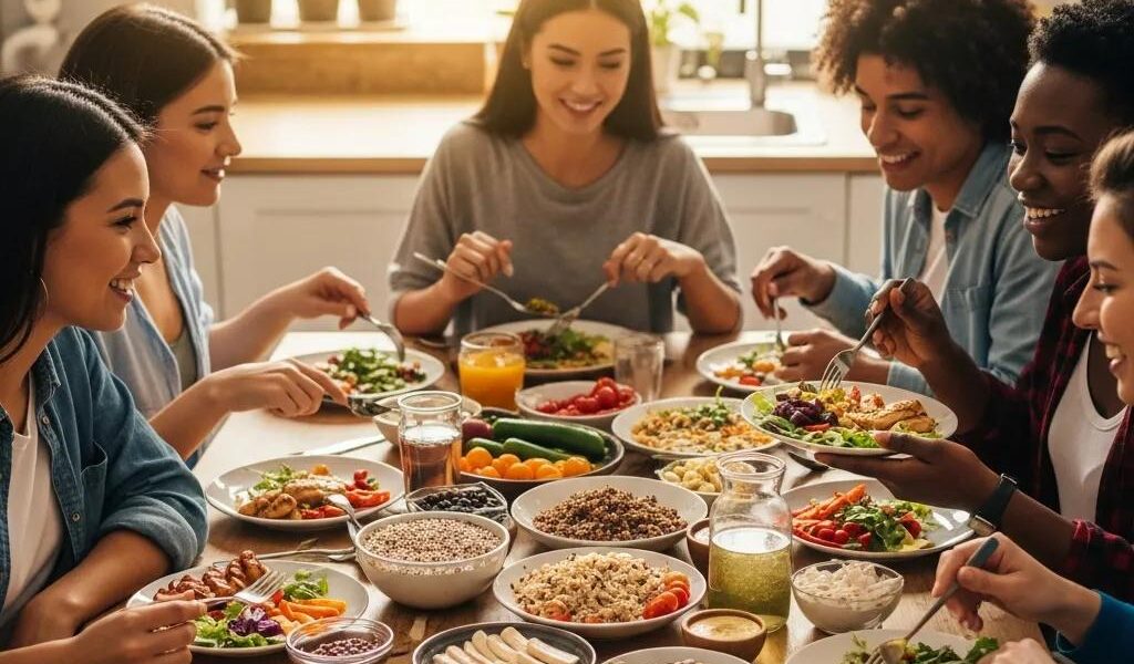 Students enjoying a healthy meal together, featuring nutrient-rich foods for muscle gain