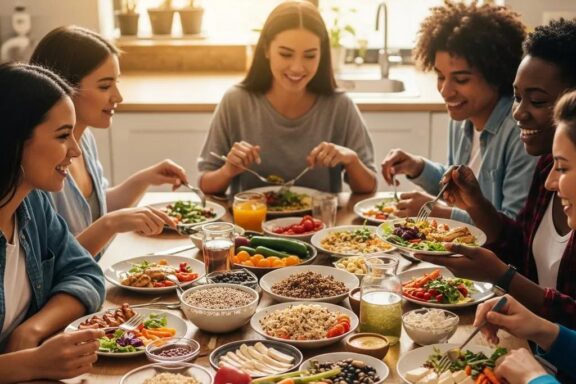 Students enjoying a healthy meal together, featuring nutrient-rich foods for muscle gain